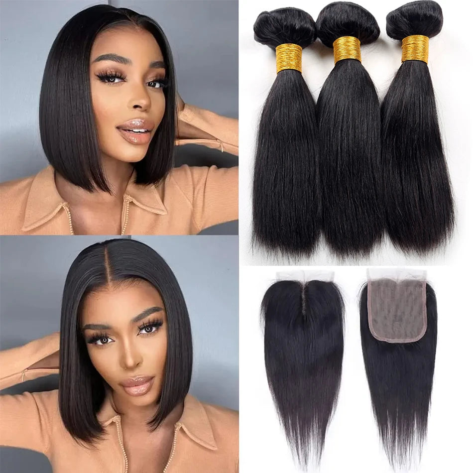 15A Malaysian Straight Bundles with Closure 3 Bundles with Closure Unprocessed Virgin Short Bob Tissage Bouclé Cheveux Humain